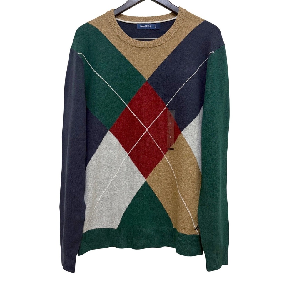 NEW Nautica Pullover Knit Colorblock Argyle Sweater L Preppy Collegiate Grandpa